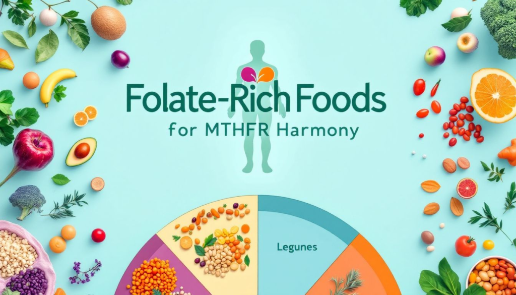 A collection of foods rich in folate for managing MTHFR symptoms.