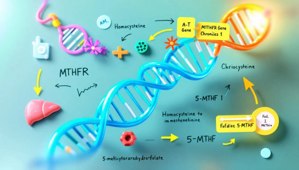 An illustration depicting the MTHFR gene and its role in the body.