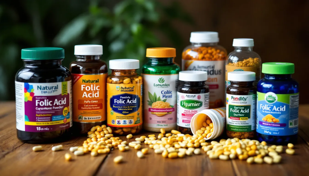 A selection of folic acid supplements on a table.