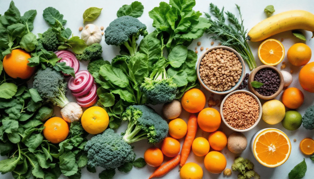 A colorful display of folate-rich foods and those to avoid for better health.
