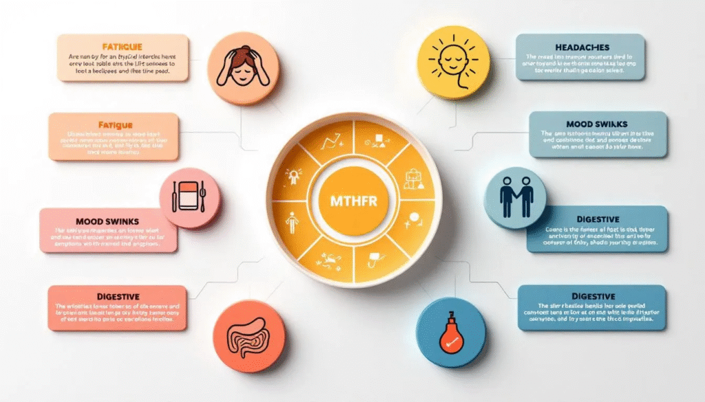 An infographic depicting physical health symptoms related to MTHFR mutations.